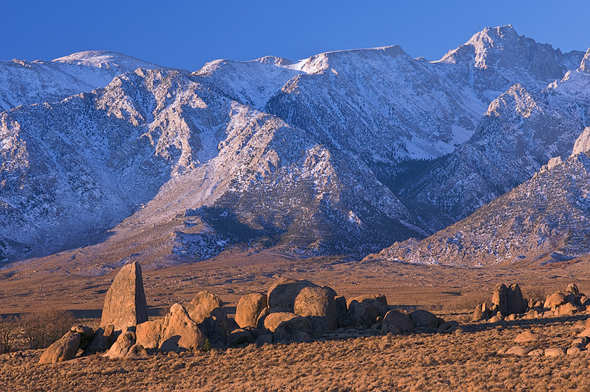 Alabama Hills rock formations and Sierras in the morning. Alabama Hills near Lone Pine. Eastern Sierra, California, USA. - Alabama-Hills-Eastern-Sierra - Mike Reyfman Photography
