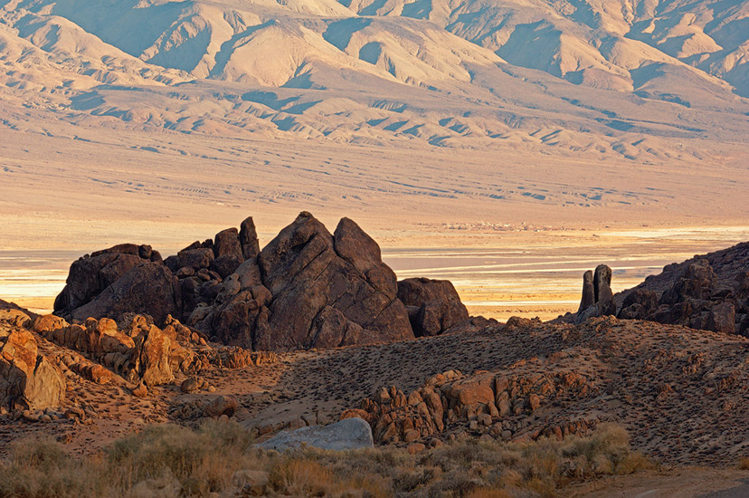 Alabama Hills, Owens Valley and Inyo Mountains at sunset. Alabama Hills near Lone Pine. Eastern Sierra, California, USA. - Alabama-Hills-Eastern-Sierra - Mike Reyfman Photography
