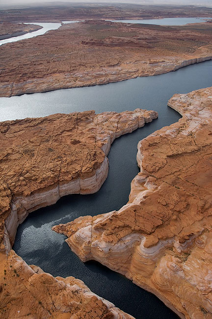 Confluence of the Antelope Canyon and Colorado River. Glen Canyon NRA, Lake Powell, Utah/Arizona, USA. Aerial.