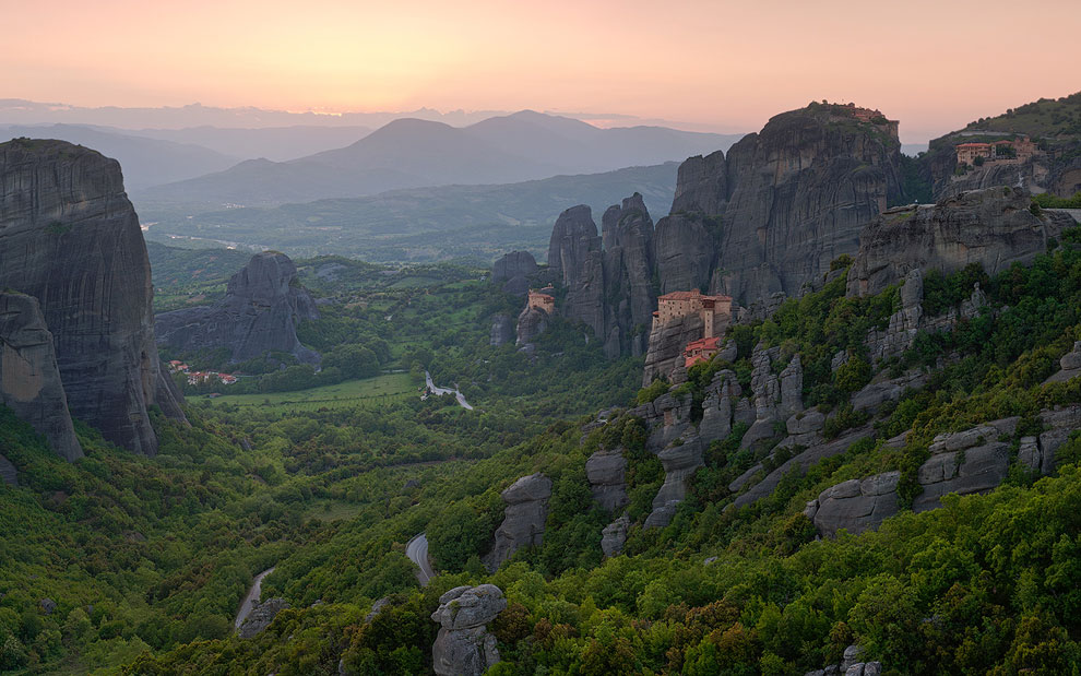 Monasteries of Meteora at sunset, Thessaly Greece