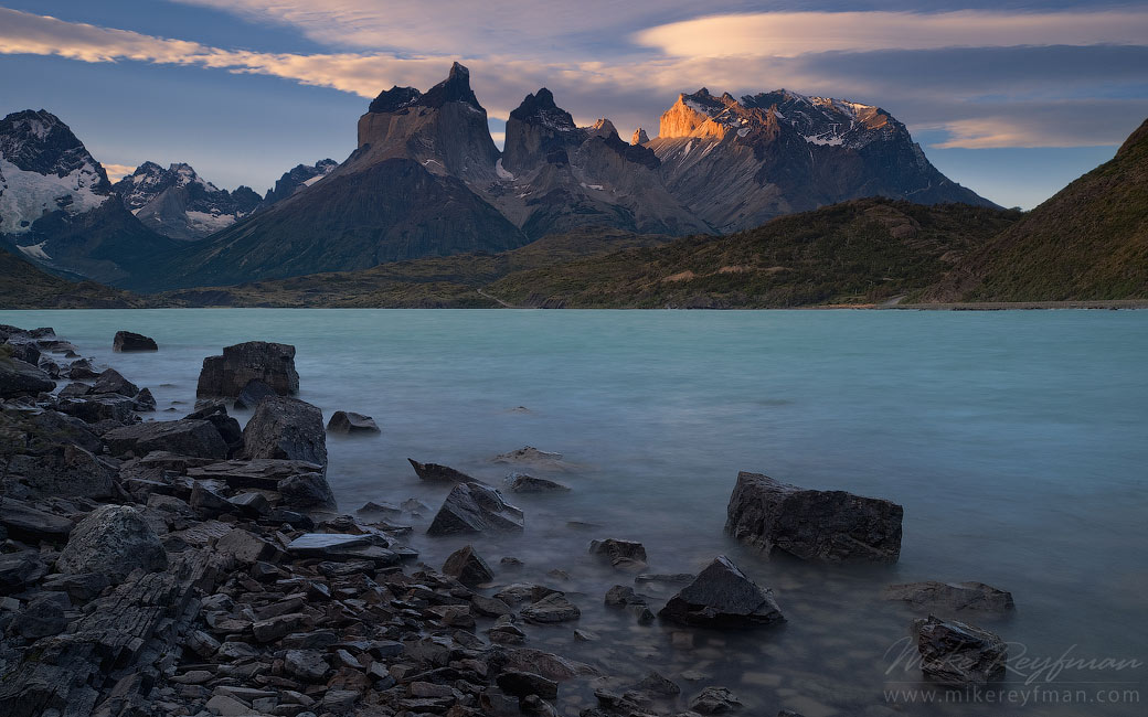 Last light on Cuernos del Paine. Torres del Paine National Park, Ultima Esperanza Province, Magallanes and Antartica Chilena Region XII, Patagonia, Chile.