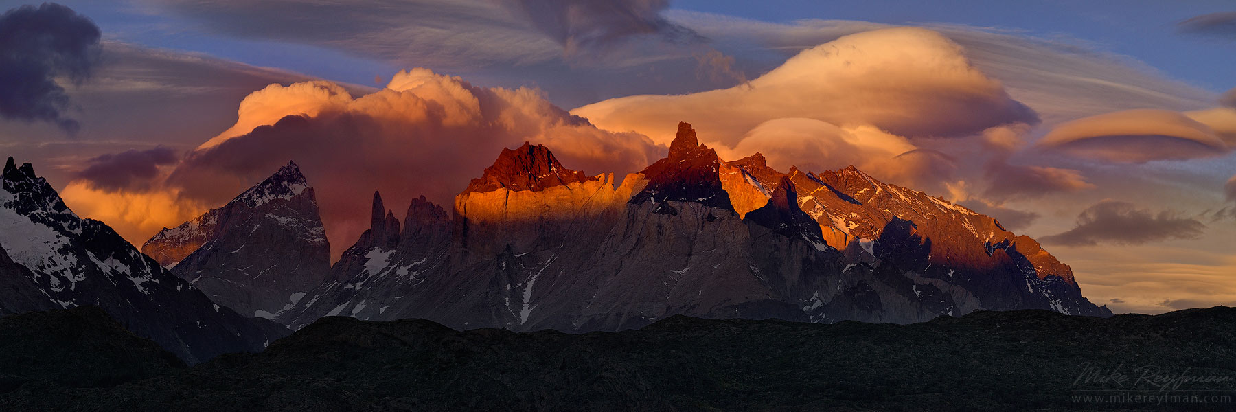 Dramatic sunset over Cordillera del Paine. Torres del Paine National Park, Ultima Esperanza Province, Magallanes and Antartica Chilena Region XII, Patagonia, Chile.