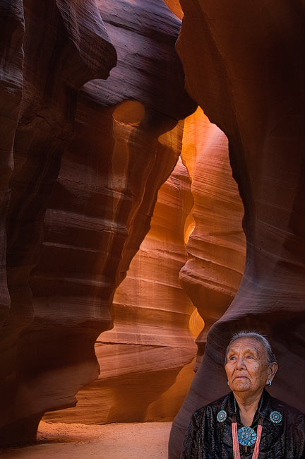 Head of Navajo Family Sue Tsosie in The Sanctum. Upper Antelope Canyon, Arizona, USA. - Upper-Antelope-Canyon-Arizona-USA - Mike Reyfman Photography