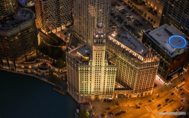 025-CH-2_ZRA10241 Wrigley and Realtor Buildings, Chicago, Illinois, USA. Aerial view.