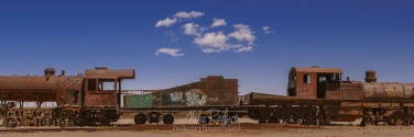 AA1-AIR2065_Pano_1x3 The ''Cementerio de trenes'', the antique train cemetery. Salar de Uyuni, Altiplano. Daniel Campos Province, Potosí, Bolivia
