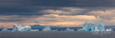 085-GR-SC_50B8779_Pano-1x3 Icebergs in Scoresby Sund. Greenland.