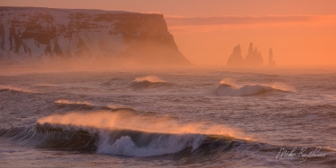 003-IC-CL_D1E3856_Pano-1x2 Reynisdrangar basalt sea stacks with Atlantic Ocean waves on the foreground.  Reynisfjara,  Southern Iceland