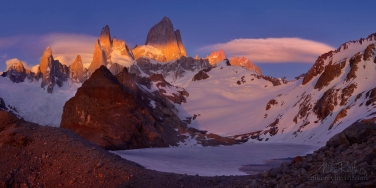P12-MRD8C4532-33-Pano Windy sunrise at Laguna de Los Tres. Mount Fitzroy massif. Andes. Los Glaciares National Park, Patagonia, Argentina.