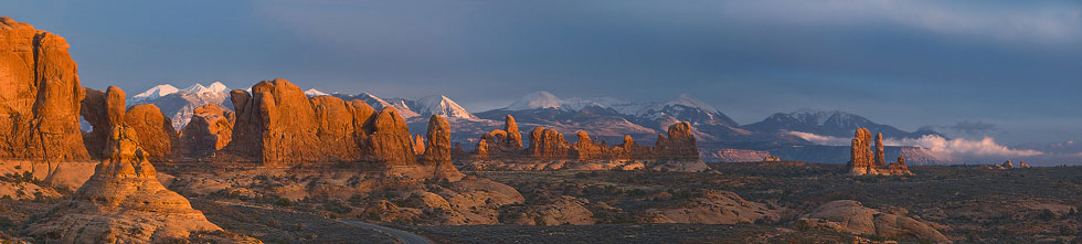 Four Minutes before sunset. Panoramic View of Windows Section and La Salt Mountains. Arches National Park, Utah, USA - Arches-National-Park-Utah-USA - Mike Reyfman Photography