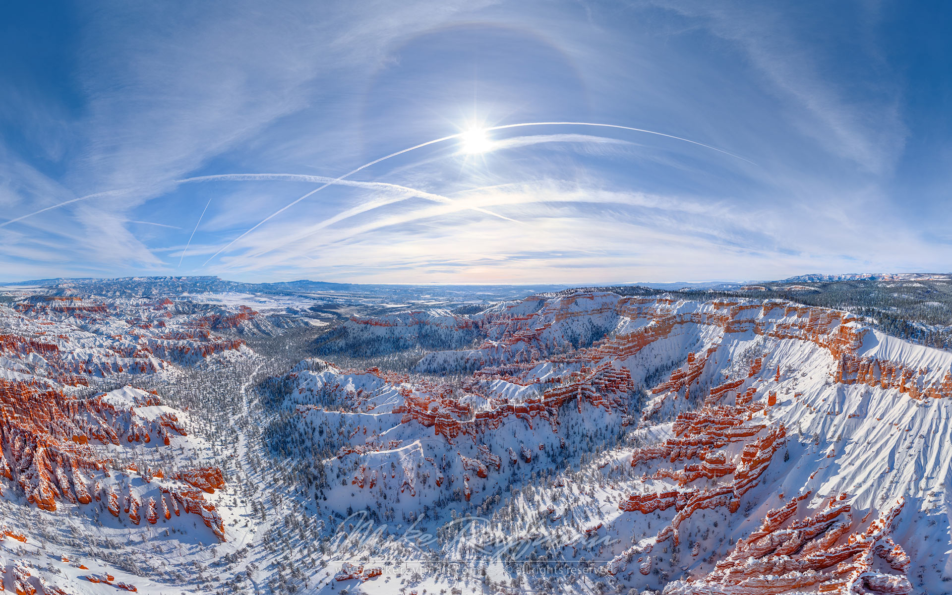 Sun Halo Over Bryce Canyon. Aerial panoramic view towards Sunset Point. Bryce Canyon National Park, Utah, USA. - Bryce-Canyon-National-Park-Utah-USA - Mike Reyfman Photography