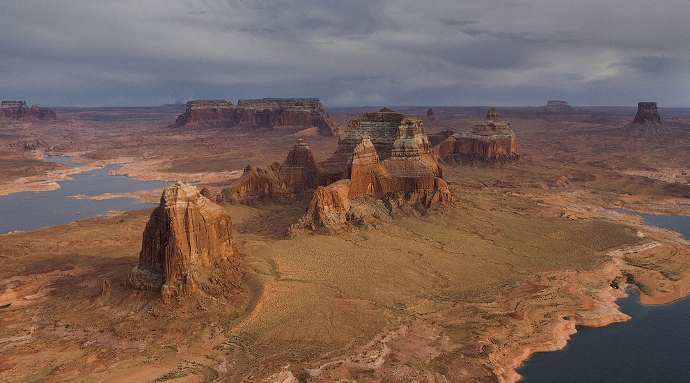 Dominguez, Boundary and Tower Buttes near Labyrinth Canyon Inlet. Glen Canyon NRA, Utah/Arizona, USA. Aerial. Panoramic. - Lake-Powell-From-Above-Gallery2-Utah-Arizona - Mike Reyfman Photography