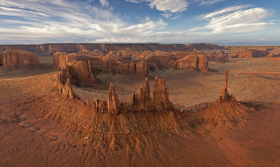 Panoramic aerial view of Totem Pole and Yei-Bi-Chei at sunrise. Monument Valley, Arizona, USA. - Monument-Valley-Agathla-Peak-El-Capitan-Owl-Church-Rock - Mike Reyfman Photography
