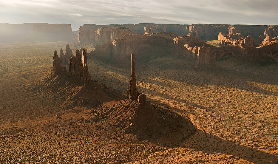 Aerial view of Totem Pole and Yei-Bi-Chei against rising sun. Monument Valley, Arizona, USA. - Monument-Valley-Agathla-Peak-El-Capitan-Owl-Church-Rock - Mike Reyfman Photography