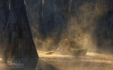 Kayaker-paddling-between-Bald-Cypress-trees-in-the-fog.-Caddo-Lake,-Texas,-US