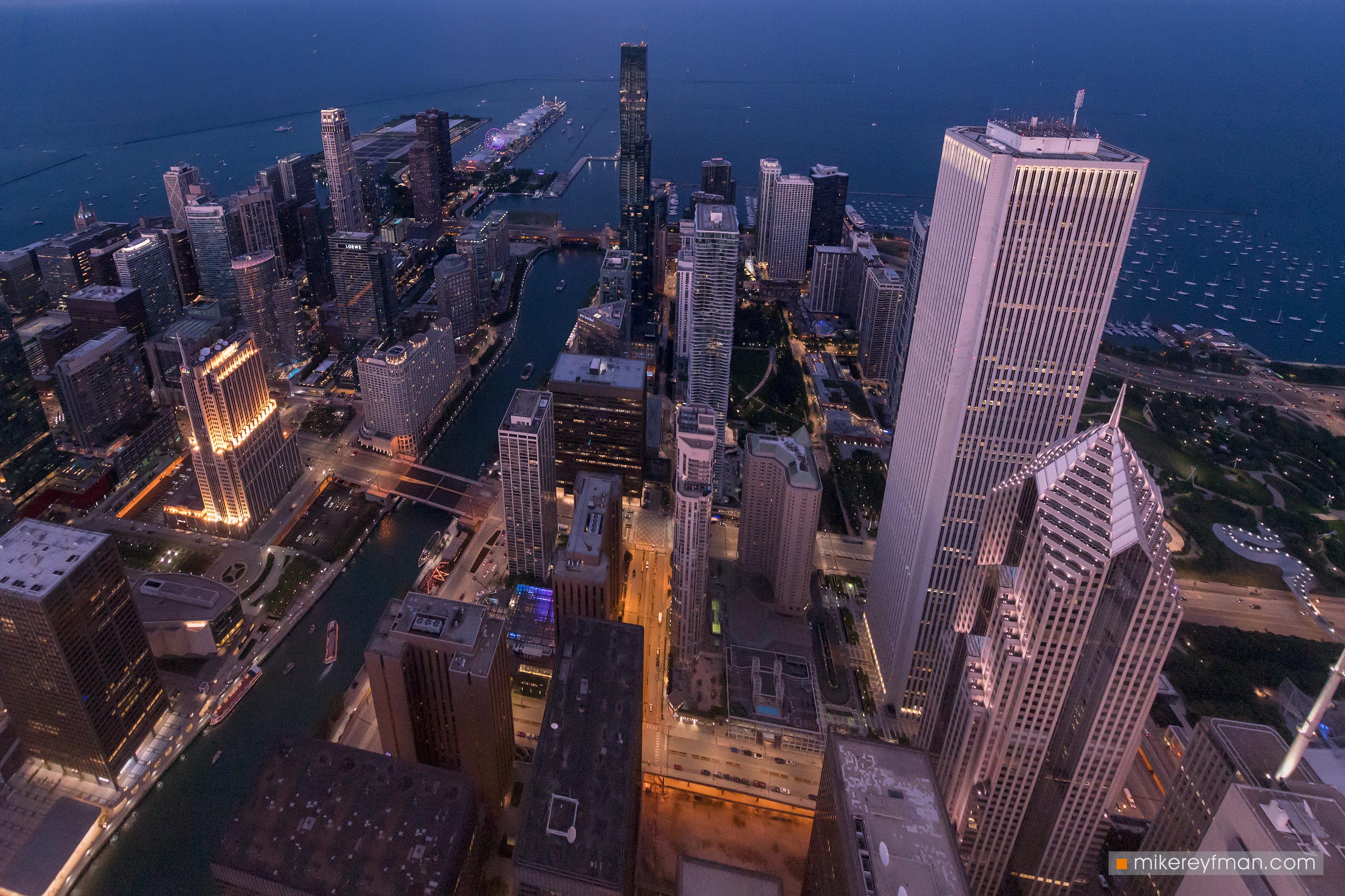City from above - Chicago, Illinois, USA. Aerial view in the evening. 007-CH-2_50F2040 - Ever-beating architectural heart of America. The birthplace of the most iconic buildings in the country. - Mike Reyfman Photography
