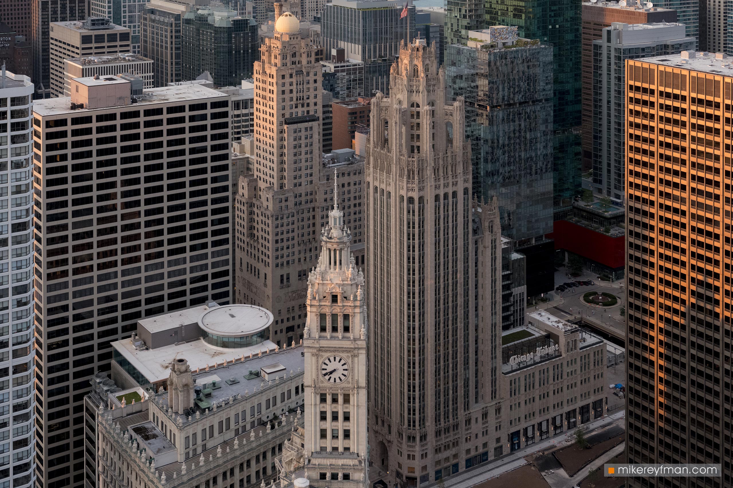 Chicago's Historic Skyscrapers: Wrigley Building, Tribune Tower, and Hotel Inter-Continental. Chicago, Illinois, USA 065-CH-2_ZRA10090 - Ever-beating architectural heart of America. The birthplace of the most iconic buildings in the country. - Mike Reyfman Photography