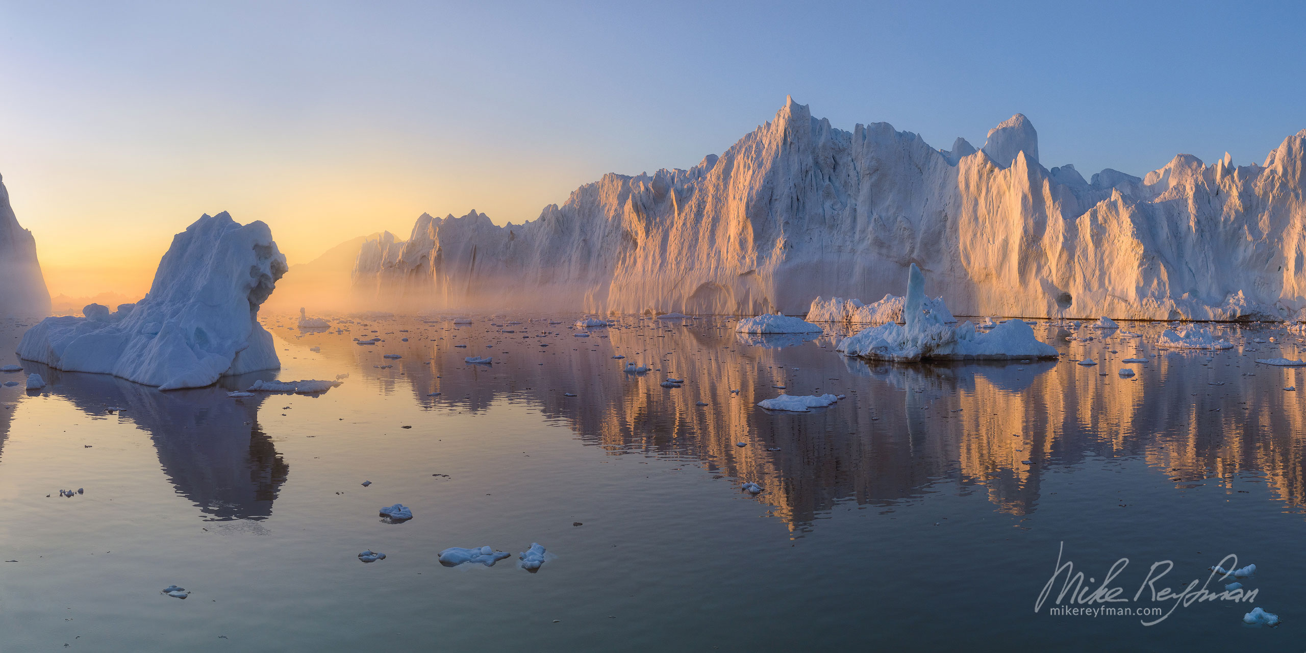 Icebergs in Ilulissat Icefjord. Disco Bay, Greenland. 025-GR-IL_D8B5983-96_Pano-1x2 - Enormous icebergs of Ilulissat Icefjord and Disco Bay. Western Greenland. - Mike Reyfman Photography