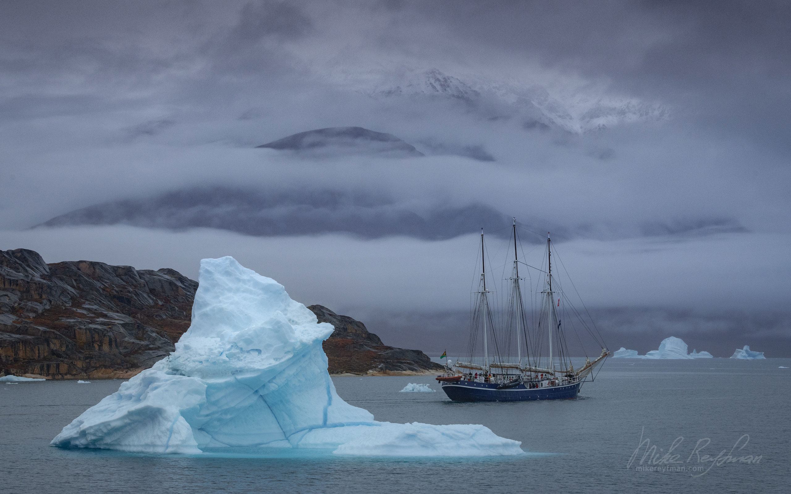 Three-masted bark in Scoresby Sund. Greenland. 022-GR-SC_50B8339 - The Scoresby Sund fjord system and the settlement of Ittoqqortoormiit. East Greenland. - Mike Reyfman Photography