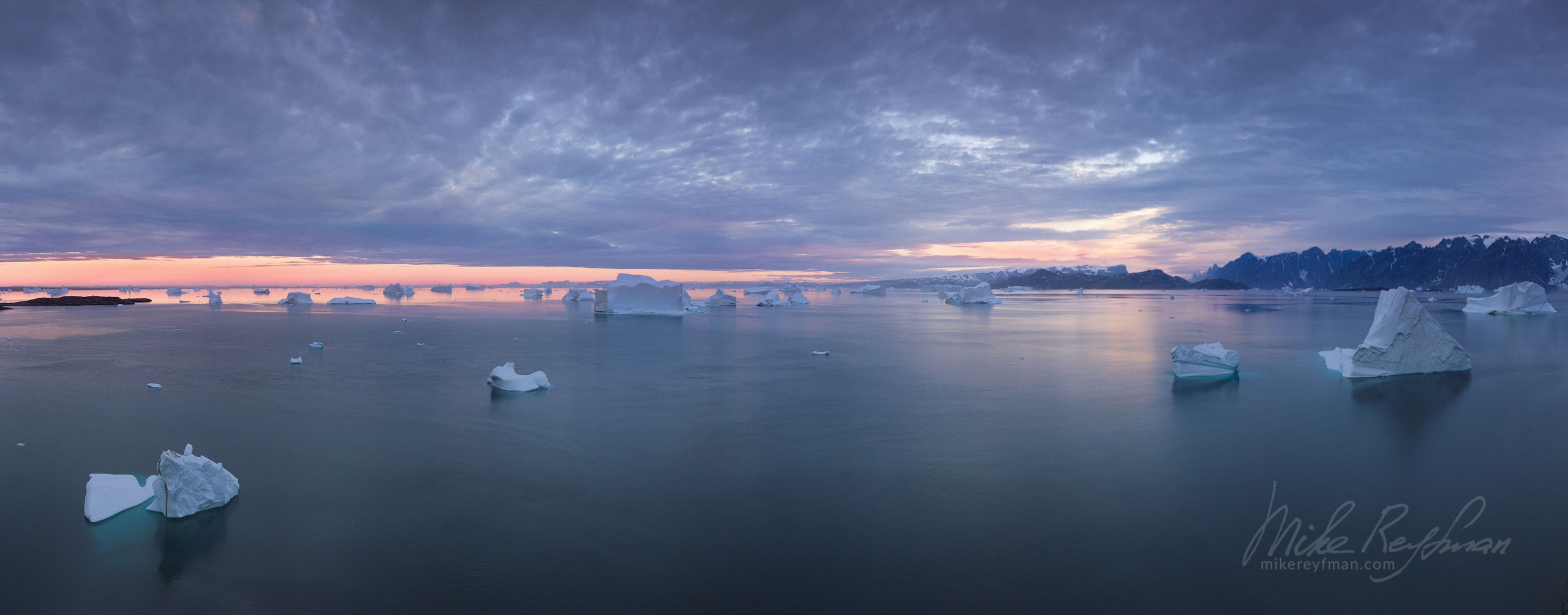 Icebergs in Scoresby Sund. Greenland. Aerial. 076-GR-SCDJI_0378_Pano-1x2.55 - The Scoresby Sund fjord system and the settlement of Ittoqqortoormiit. East Greenland. - Mike Reyfman Photography