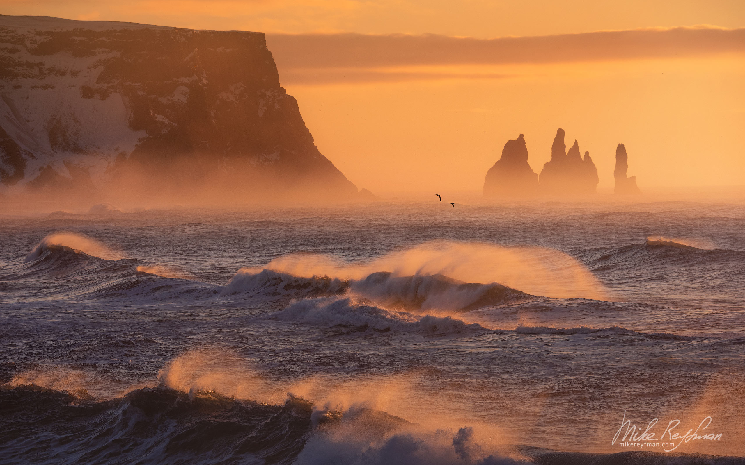 Reynisdrangar basalt sea stacks with Atlantic Ocean waves on the foreground.  Reynisfjara,  Southern Iceland 001-IC-CL_D1E3778 - Where Lava Meets the Ocean. Iceland coastline. - Mike Reyfman Photography