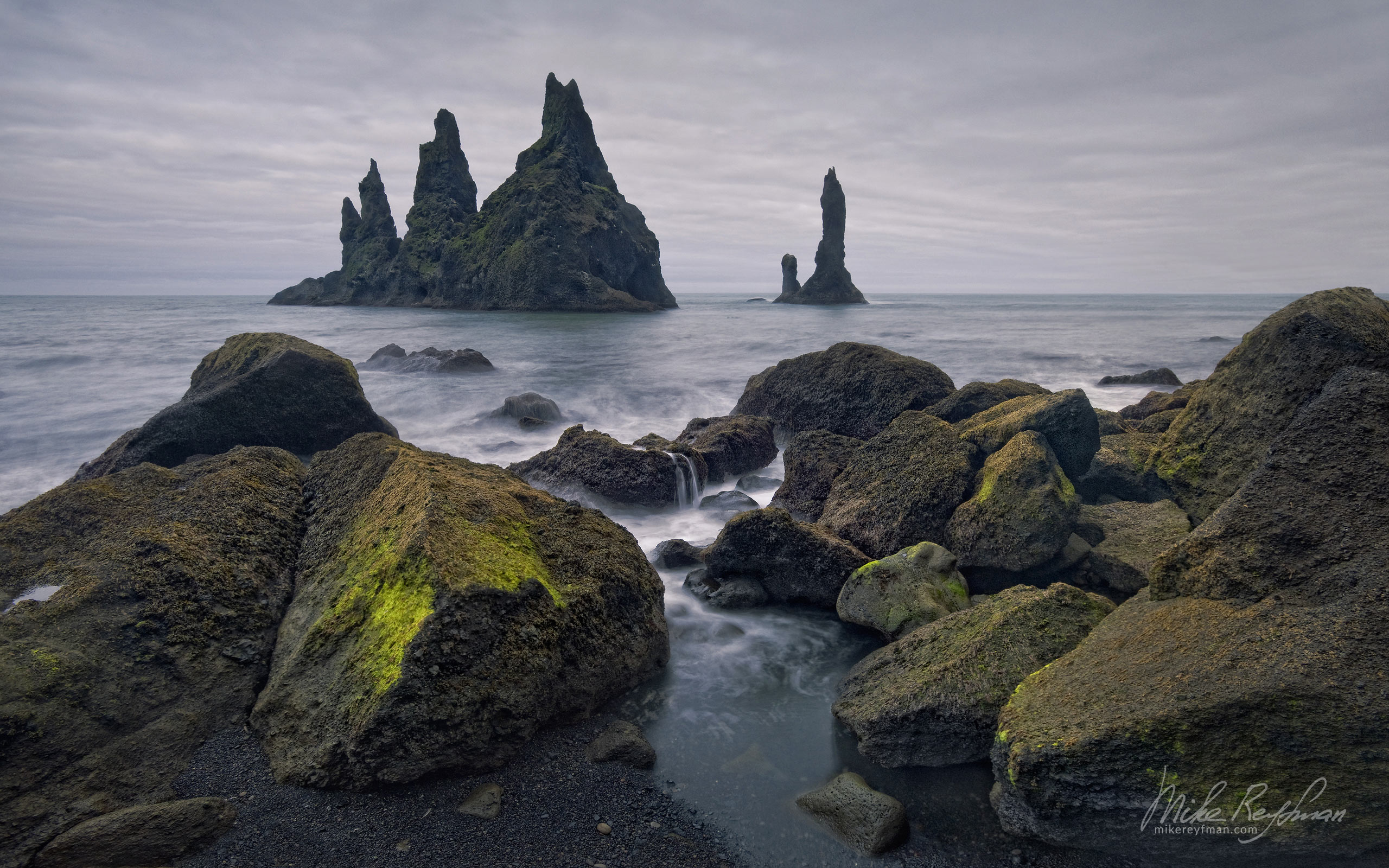 Iconic Reynisdrangar basalt sea stacks. Reynisfjara black volcanic sand beach, Vík í Mýrdal, Southern Iceland. 011-IC-CL_M3X3733 - Where Lava Meets the Ocean. Iceland coastline. - Mike Reyfman Photography