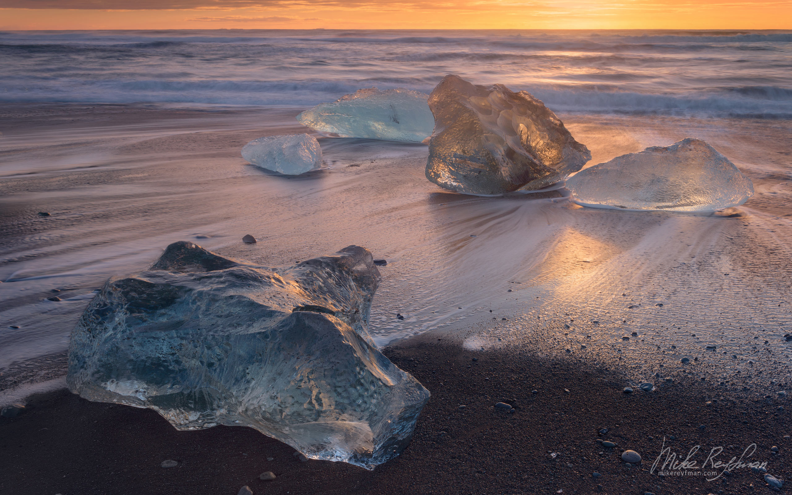 Sparkling Icebergs on the black sand of the magical Diamond Beach (Breiðamerkursandur), next to Jökulsárlón Glacier Lagoon on the South Coast of Iceland IC-ICE 021 _D8E2990 - Where Lava Meets the Ocean. Iceland coastline. - Mike Reyfman Photography