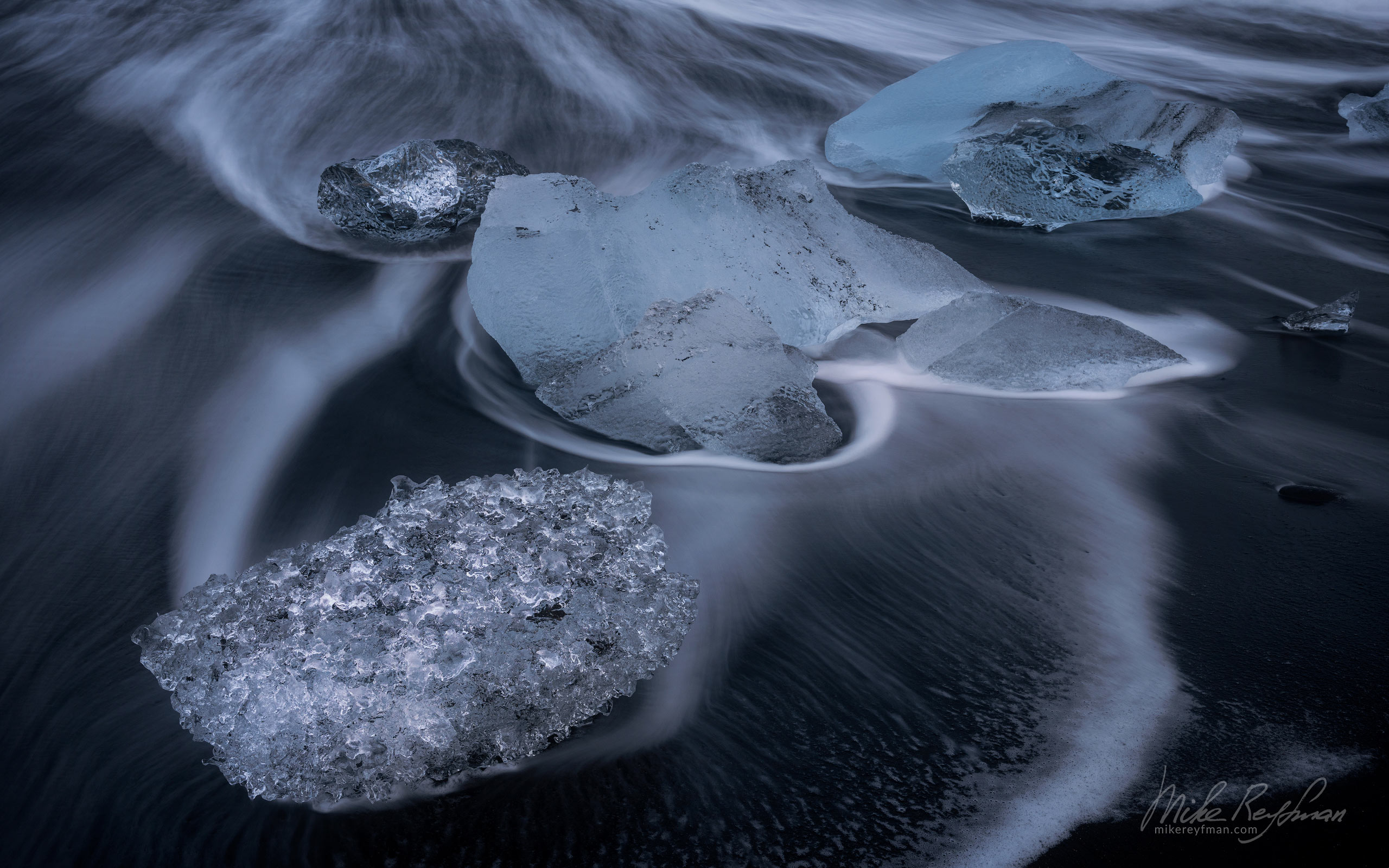 Sparkling Icebergs on the black sand of the magical Diamond Beach (Breiðamerkursandur), next to Jökulsárlón Glacier Lagoon on the South Coast of Iceland IC-ICE 031 _10P3844 - Where Lava Meets the Ocean. Iceland coastline. - Mike Reyfman Photography