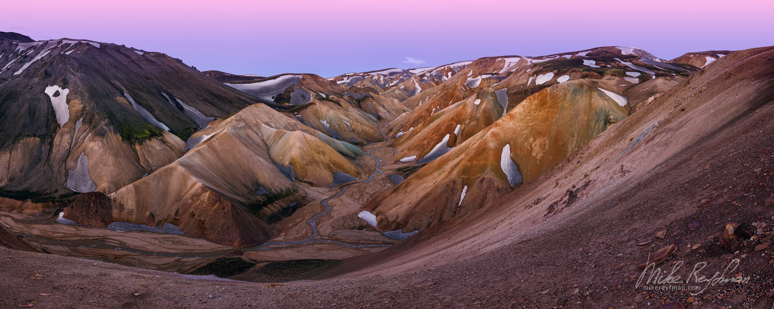 The view from the Brennisteinsalda Volcano into Colored Rhyolite Mountains of Landmannalaugar, Fjallabak Nature Reserve, Cental Highlands, Iceland. 003-IC-GP _D8B4260-65_Pano-1x2.55 - Rhyolite Mountains, Crater Lakes, Geothermal Areas, Lava Fields and Glacial Rivers. Iceland.  - Mike Reyfman Photography