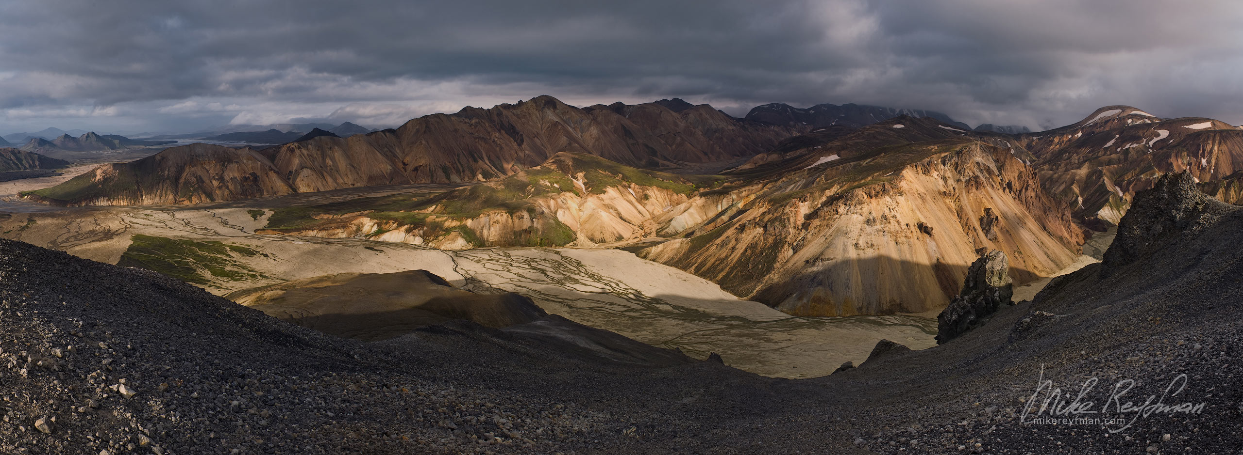 Panoramic view from the top of Mount Bláhnúkur. Landmannalaugar Mountains, Fjallabak Nature Reserve, Central Highlands, Iceland. 021-IC-GP MR28575-78 Pano-1x2.55 - Rhyolite Mountains, Crater Lakes, Geothermal Areas, Lava Fields and Glacial Rivers. Iceland.  - Mike Reyfman Photography