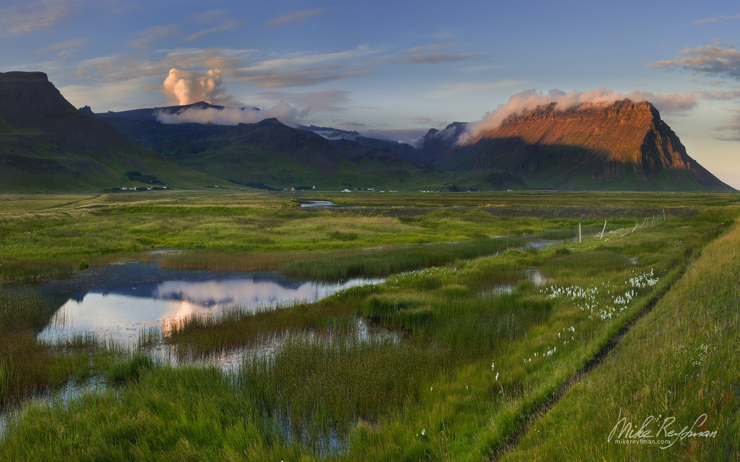 Eyjafjallajokull Volcano and Cotton Grass. South Iceland 035-IC-GP _O3X2749-52 - Rhyolite Mountains, Crater Lakes, Geothermal Areas, Lava Fields and Glacial Rivers. Iceland.  - Mike Reyfman Photography