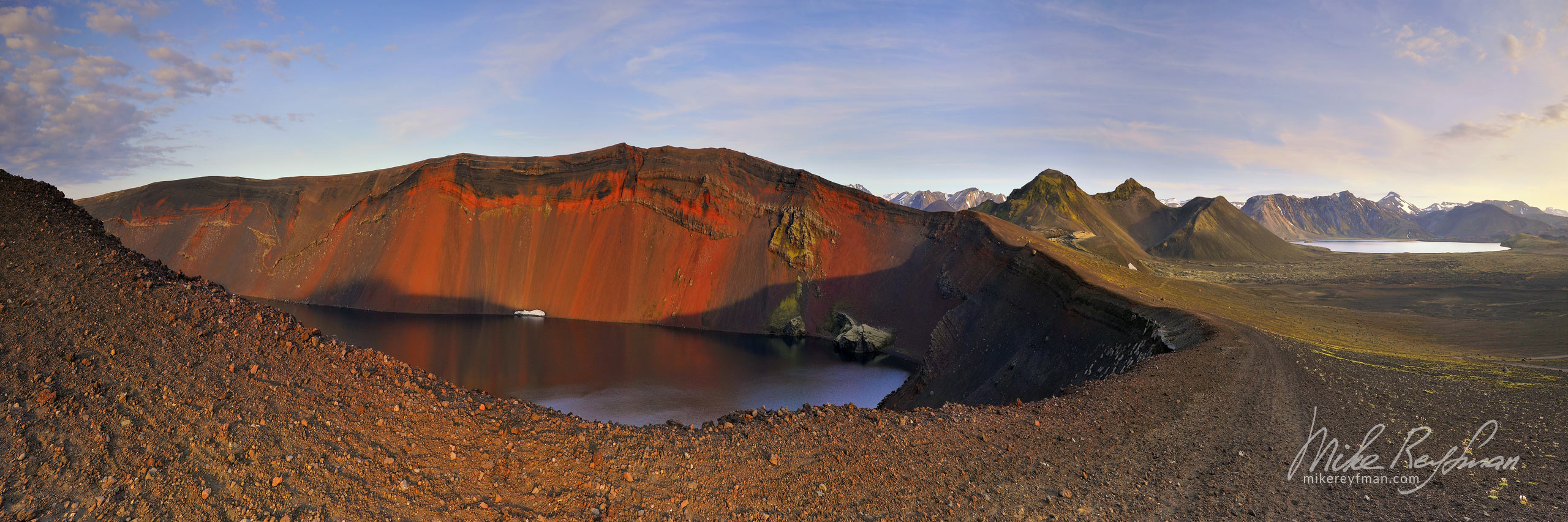 Hnausapollur (also called Blahylur & Ljotipollur) crater  lake.  Domadalur, Central Highlands, Iceland. 054-IC-GP-_M3X5161-4_Pano-1x3 - Rhyolite Mountains, Crater Lakes, Geothermal Areas, Lava Fields and Glacial Rivers. Iceland.  - Mike Reyfman Photography