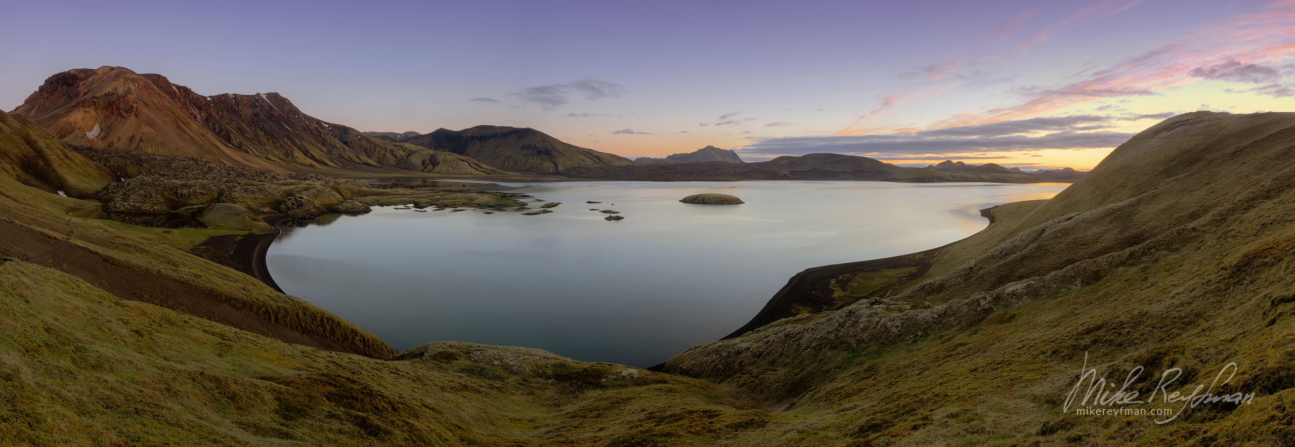 Lake Frostastadavatn and Namshraun lava area near Landmannalaugar. Central Highlands, Iceland. 059-IC-GP _D8B4316_Pano-1x3 - Rhyolite Mountains, Crater Lakes, Geothermal Areas, Lava Fields and Glacial Rivers. Iceland.  - Mike Reyfman Photography