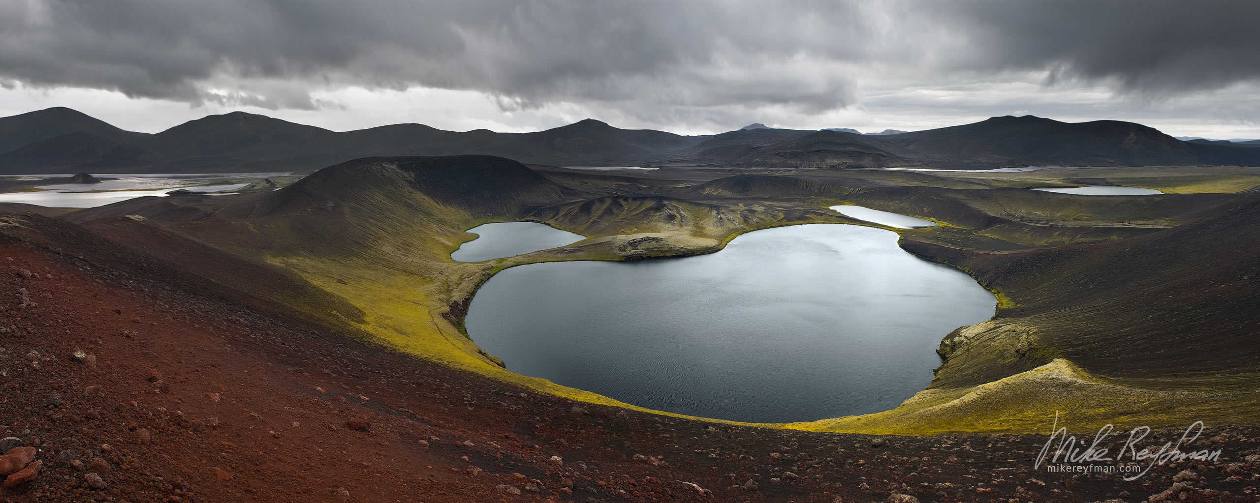 Crater lakes in the Veidivotn area. Central Highlands, Iceland. 067-IC-GP _MR28740-43_Pano-1x2.55 - Rhyolite Mountains, Crater Lakes, Geothermal Areas, Lava Fields and Glacial Rivers. Iceland.  - Mike Reyfman Photography