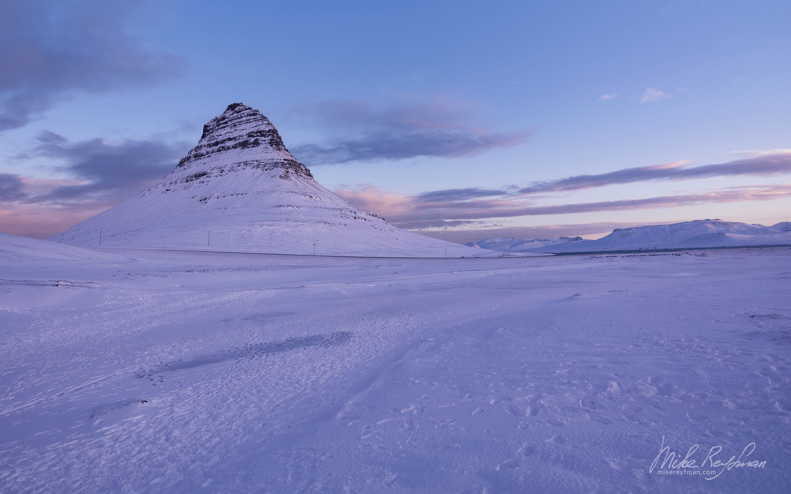 Kirkjufell Mountain in winter. Grundarfjörður, Snaefellsness Peninsula, Iceland 113-IC-GP _DSC6434 - Rhyolite Mountains, Crater Lakes, Geothermal Areas, Lava Fields and Glacial Rivers. Iceland.  - Mike Reyfman Photography