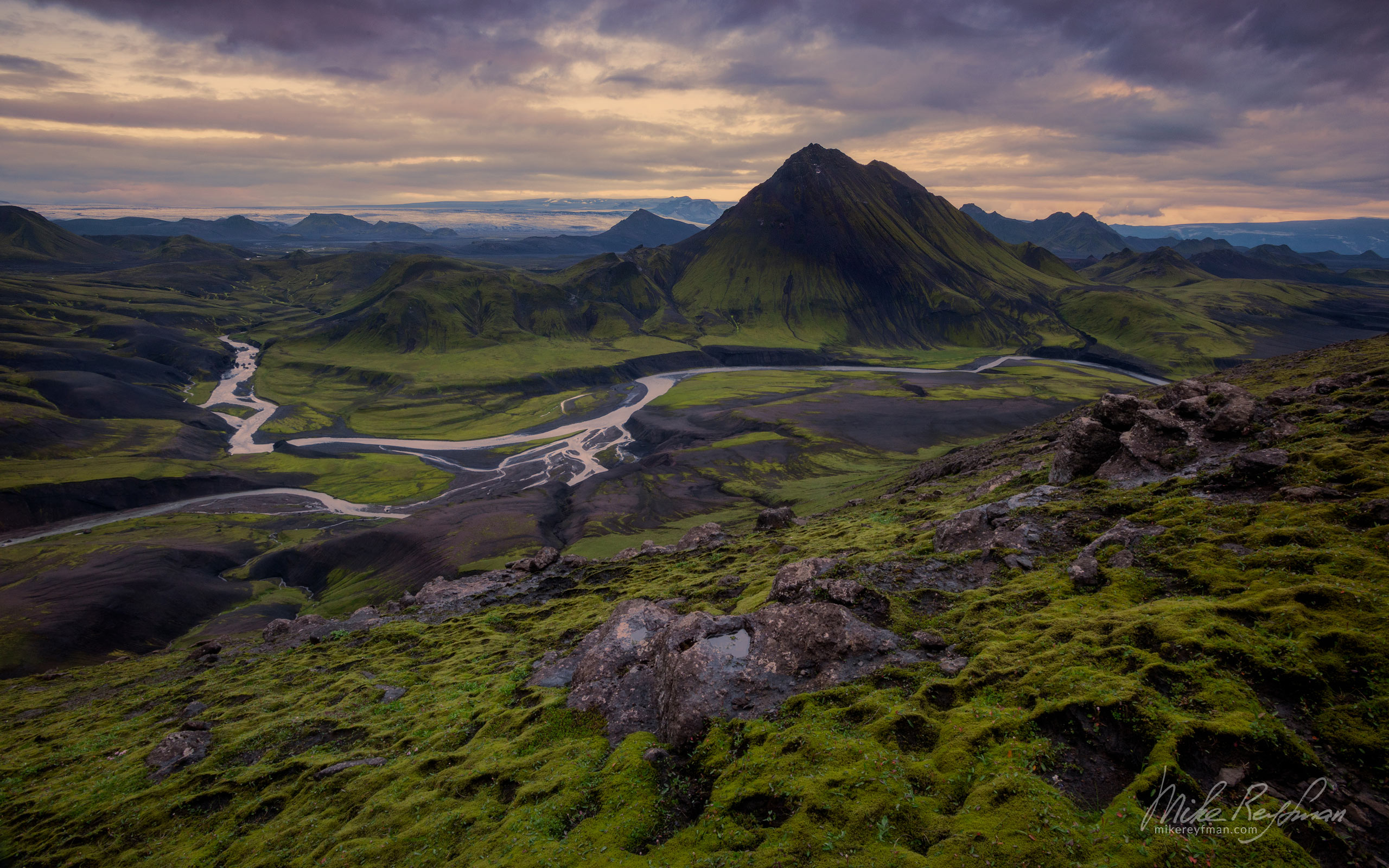 Mount Storasula view from the slope of Mount Bratthals. Southern Fjallabak, Iceland. 131-IC-GP _O3X2968 - Rhyolite Mountains, Crater Lakes, Geothermal Areas, Lava Fields and Glacial Rivers. Iceland.  - Mike Reyfman Photography