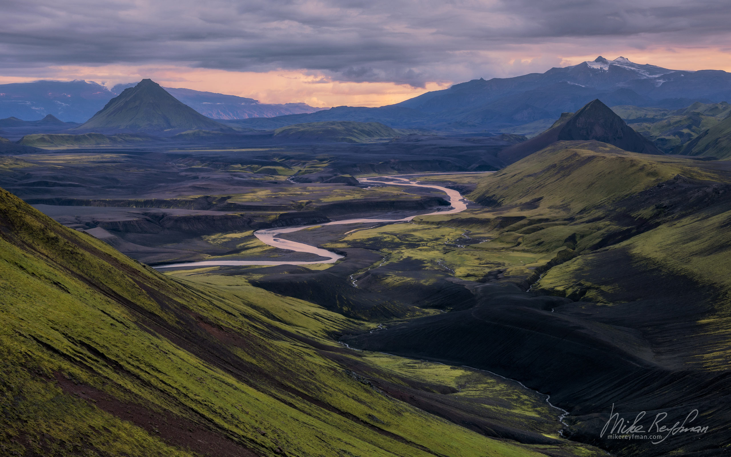 Mount Storasula and Mount Maelifell view from the slope of Mount Bratthals. Southern Fjallabak, Iceland. 132-IC-GP _O3X2974 - Rhyolite Mountains, Crater Lakes, Geothermal Areas, Lava Fields and Glacial Rivers. Iceland.  - Mike Reyfman Photography