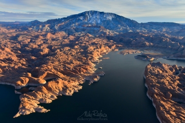 Navaho-Mountain,-Anasazi-Canyon-and-Colorado-River.-Glen-Canyon-NRA,-Lake-Powell,-Utah/Arizona,-US.-Aerial.