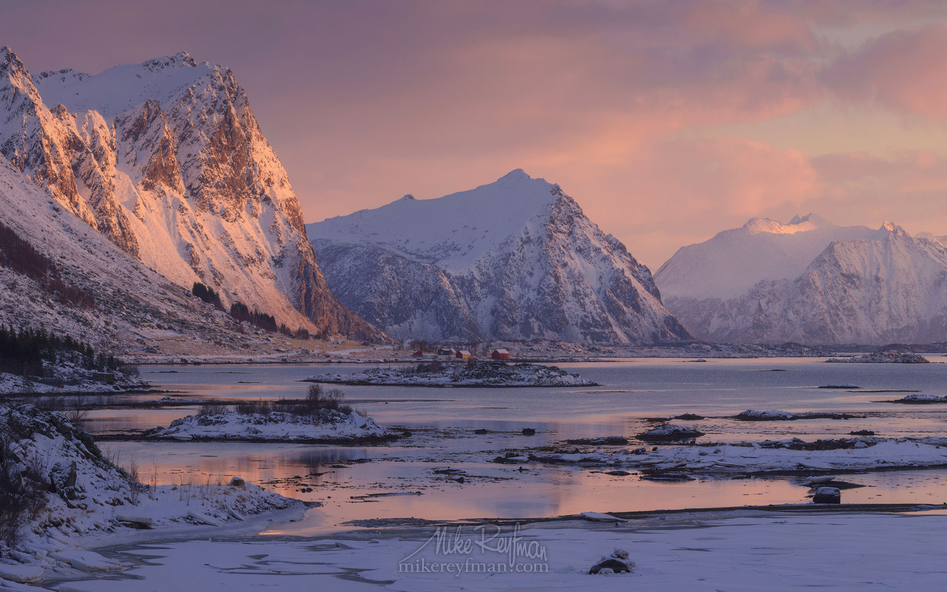 Skifjorden sunrise. Skifjorden, Vestvagoy, Lofoten archipelago, Nordland, Norway. LF-MRD1E0311-17 - Lofoten Archipelago in Winter, Arctic Norway - Mike Reyfman Photography
