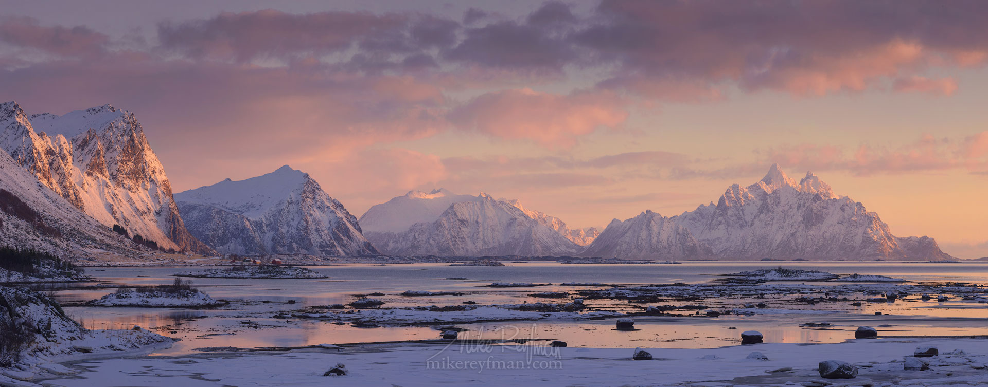 Skifjorden sunrise. Skifjorden, Vestvagoy, Lofoten archipelago, Nordland, Norway. LF-MRD1E0311-17_Pano-2.55x1 - Lofoten Archipelago in Winter, Arctic Norway - Mike Reyfman Photography