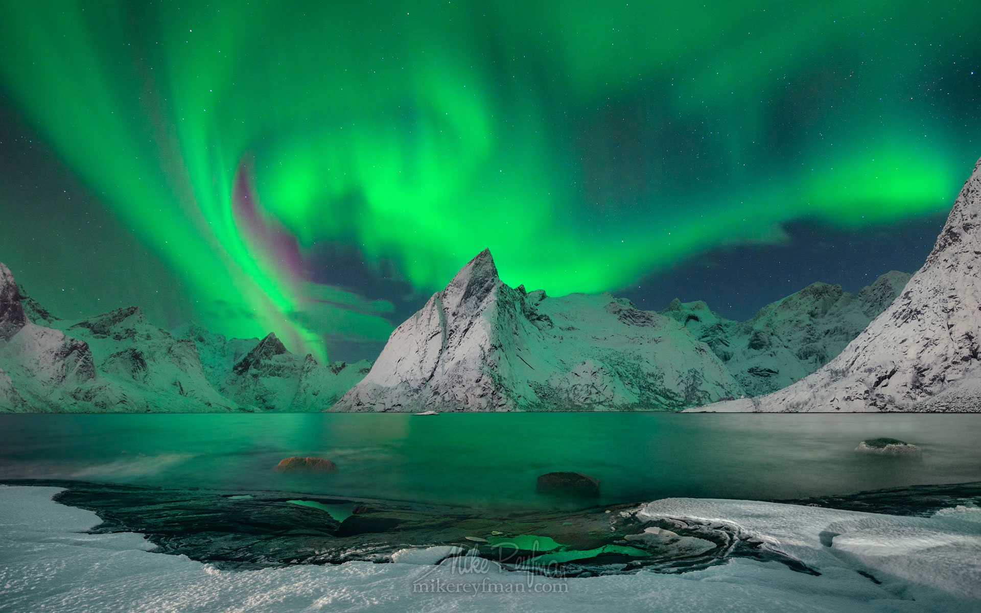 Ligt Swirl. Olstinden mountain peak under Aurora Sky. Hamnoy, Moskenes, Lofoten Islands, Norway. LF-MRD1E0616-27 - Lofoten Archipelago in Winter, Arctic Norway - Mike Reyfman Photography