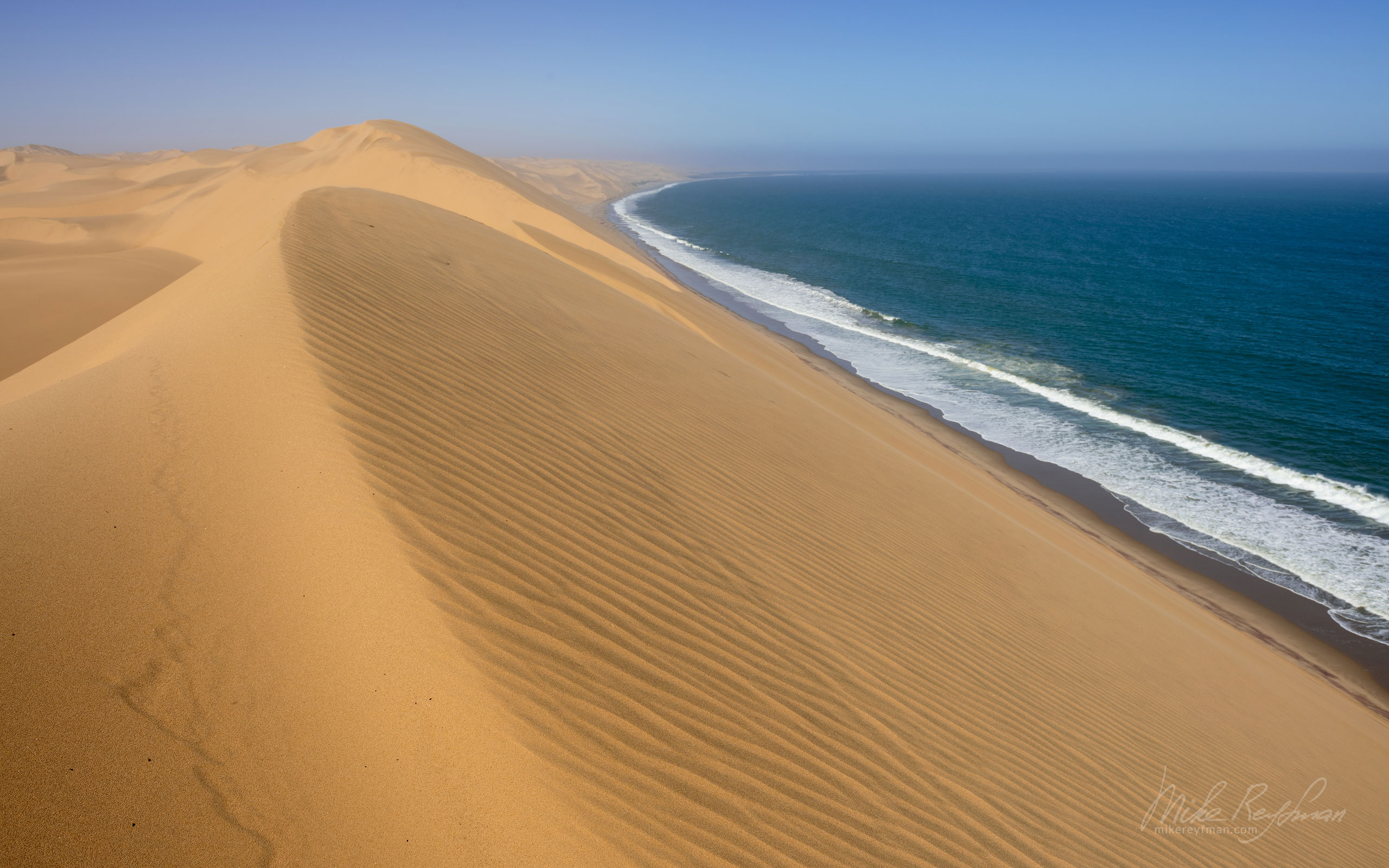 Atlantic Ocean and Sand Dunes. Namib Skeleton Coast National Park, Namibia SCW_025_10P9175 - Shipwrecks and Endless Dunes of Namib Skeleton Coast NP, Dense ocean fogs of the Benguela Current, Cape Fur seals, and Walvis Bay Salt Works. Namibia.  - Mike Reyfman Photography