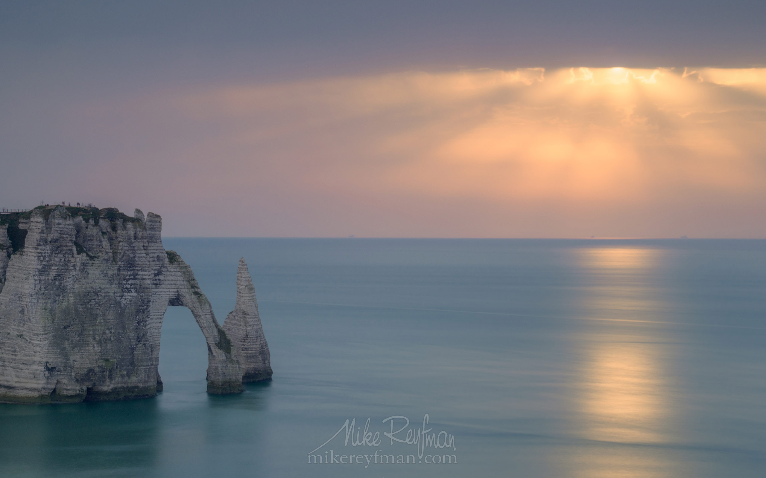 Arch Porte d'Aval and L'Aiguille - the Needle at sunset. Cote d'Albatre – The Alabaster Coast. Ertretat, Normandy, France ET1-MR50A0354 - White Chalk Cliffs and Arches of Alabaster Coast. Etretat, Upper Normandy, France - Mike Reyfman Photography