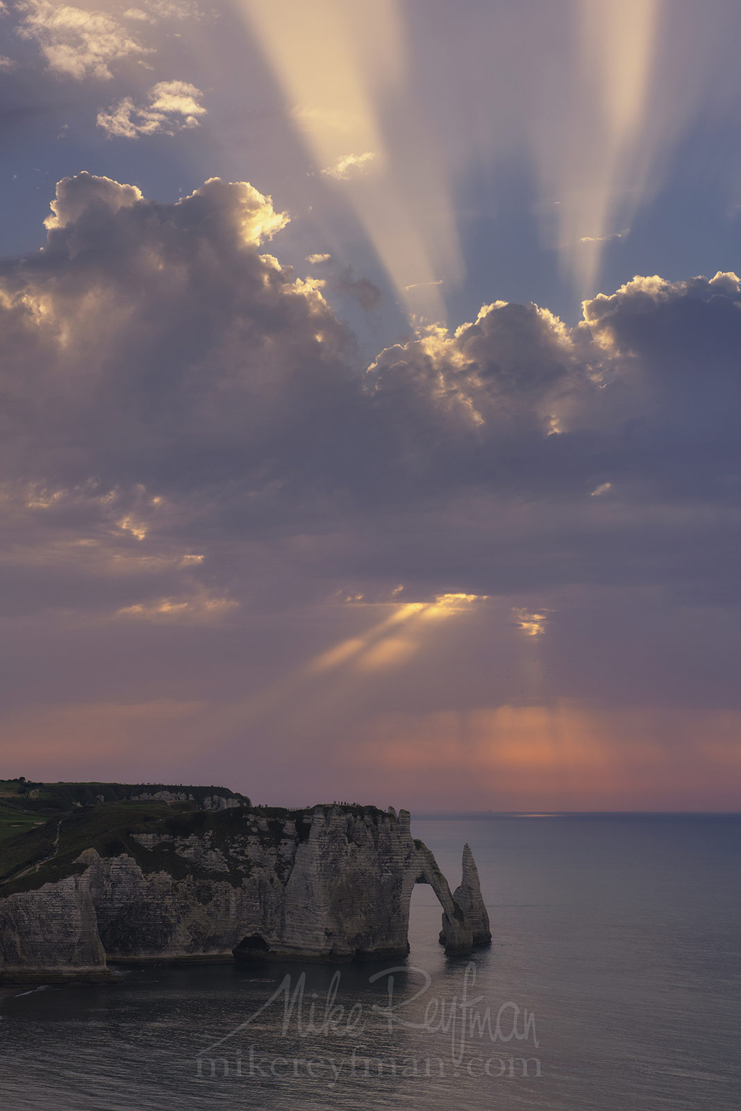 Arch Porte d'Aval and L'Aiguille - the Needle at sunset. Cote d'Albatre – The Alabaster Coast. Ertretat, Normandy, France ET1-MR50A0305 - White Chalk Cliffs and Arches of Alabaster Coast. Etretat, Upper Normandy, France - Mike Reyfman Photography